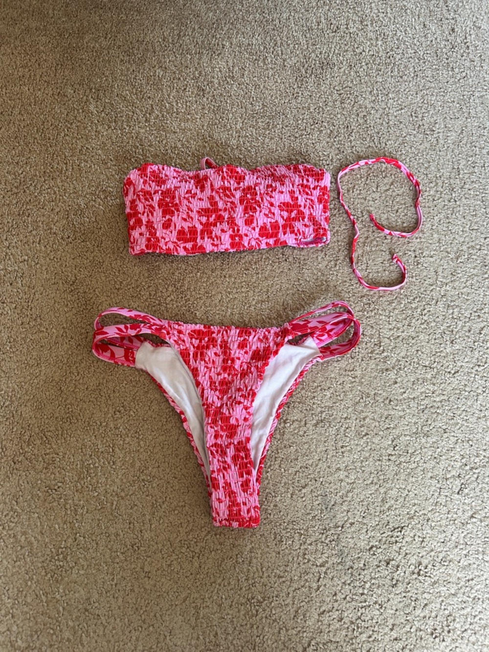 Pink Red Floral Smocked Bikini Set